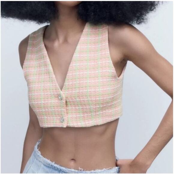 Zara Pink & Green Tweed V- Cropped top - Picture 1 of 6